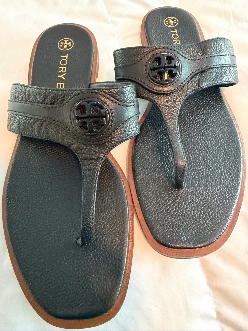 Tory Burch Black Leather Logo Thong Sandals